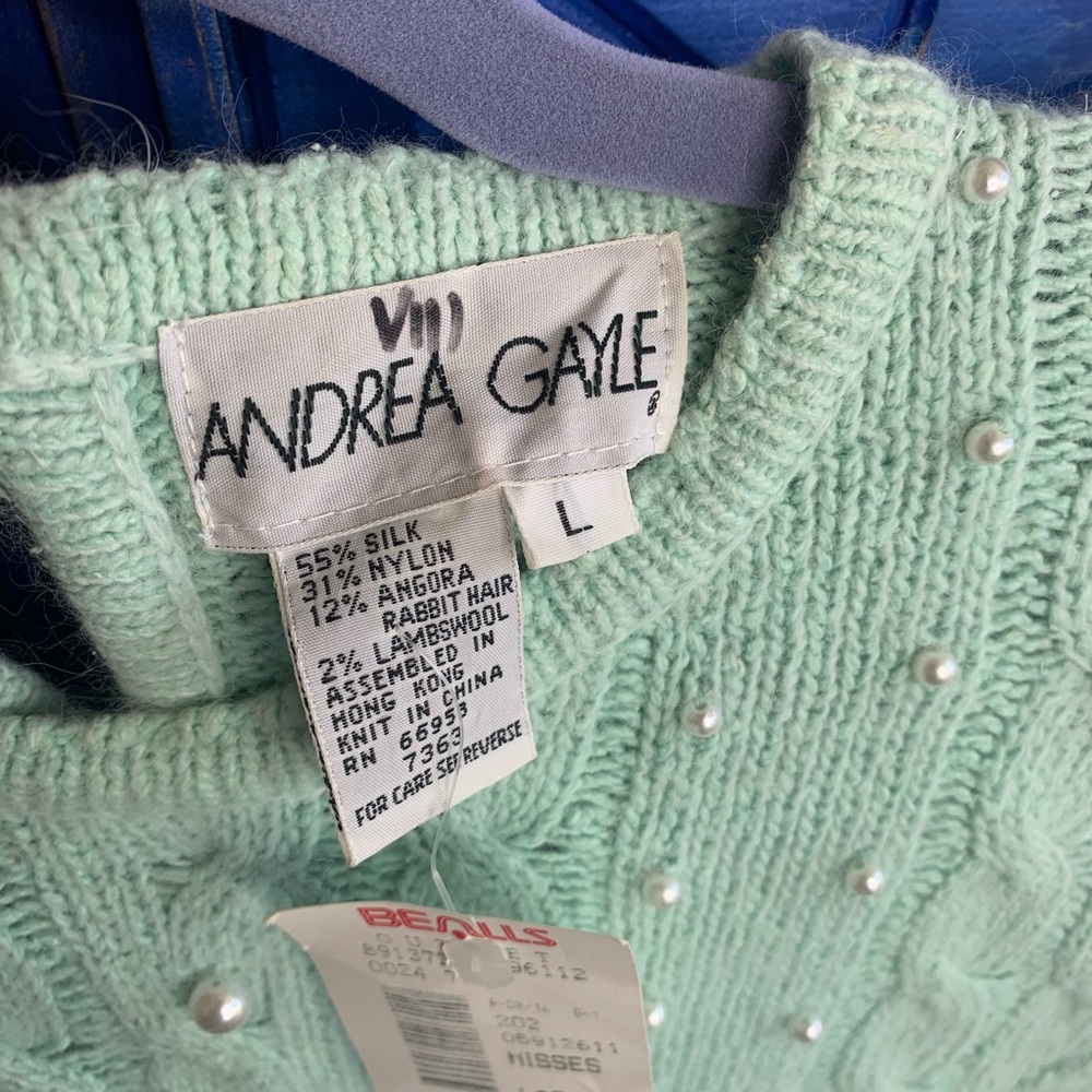 NWT! Vintage Andrea Gayle Mint Pearl Sweater Large - Picture 3 of 5